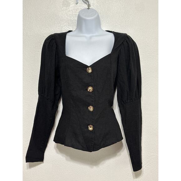 ASOS Linen Puffed Shoulder Sleeve Prairie Peasant Top 6 Black Coquette Girly - Picture 1 of 12